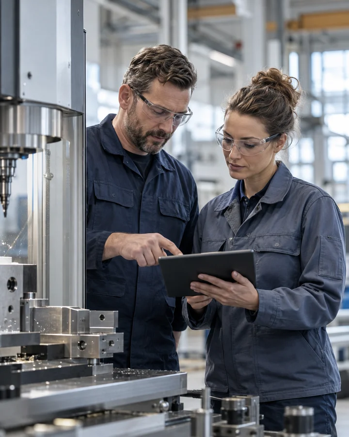 Illustrative photograph of technicians collaborating in manufacturing